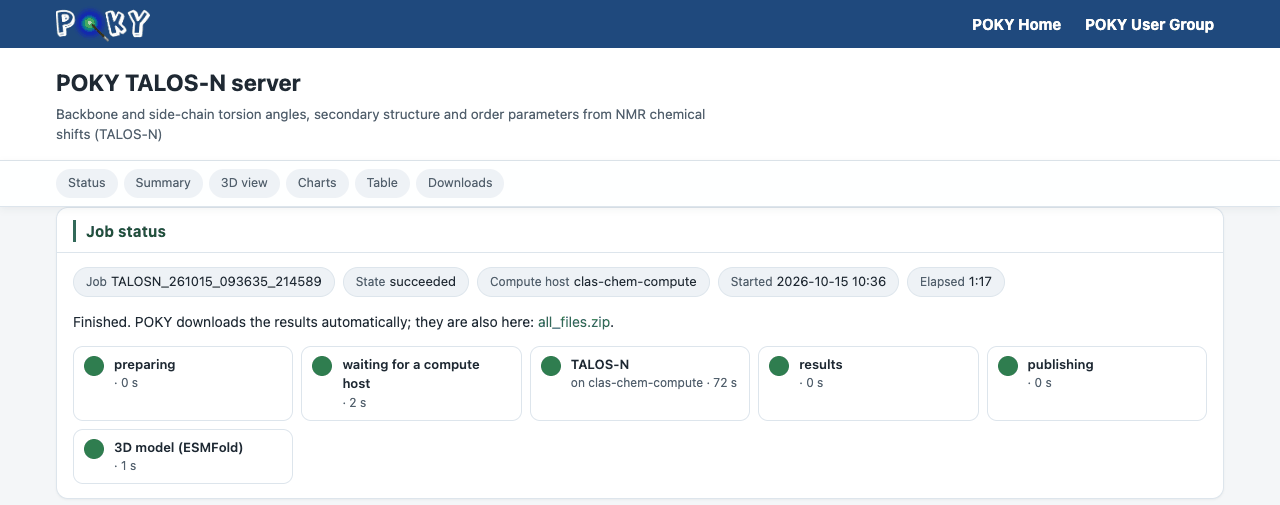 Top of a job dashboard: POKY header, title, section chips and job status